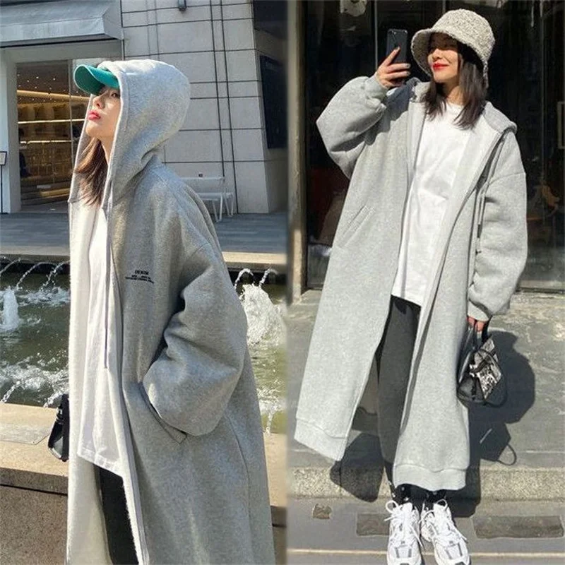 Casual Grey Oversize Zip up Hoodies Women Autumn Winter Fleece Thicken Loose Long Sleeve Hooded Sweatshirt Long Cardigan Coats