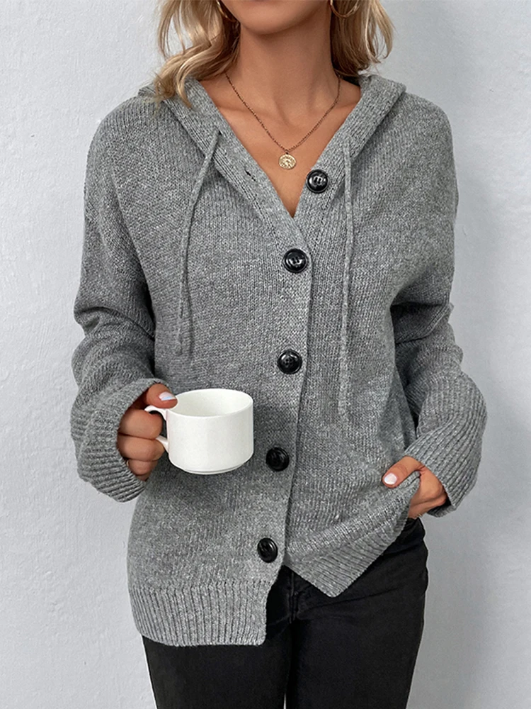 

V-neck Hooded Grey Autumn Winter Women Knitted Long Sleeves Cozy Femme Casual Cardigans Sueter Mujer Loose Sweater Buttons