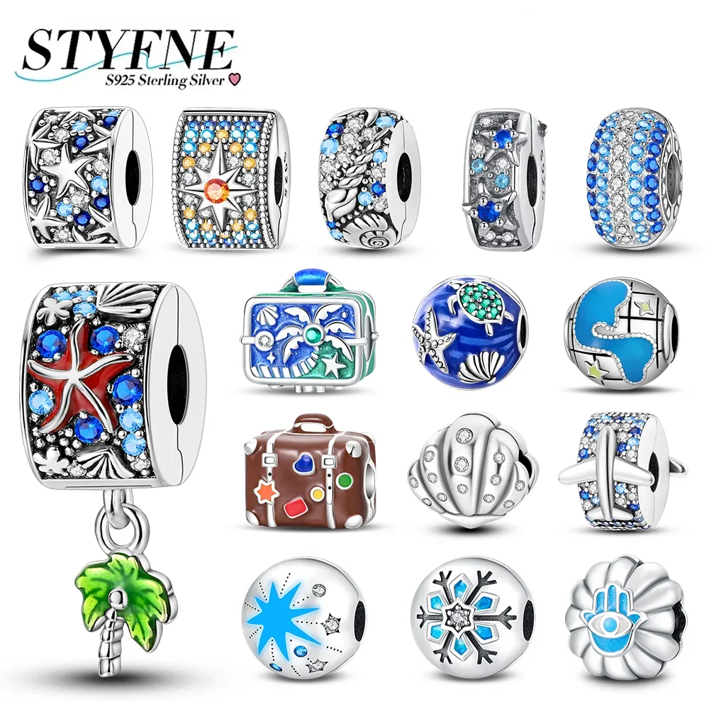 

Charms Silver 925 Sparkling Colorful Zircon Starfish Conch Coconut Tree Clip Charm Spacer Bead Fit DIY Fine Jewelry Gifts Making