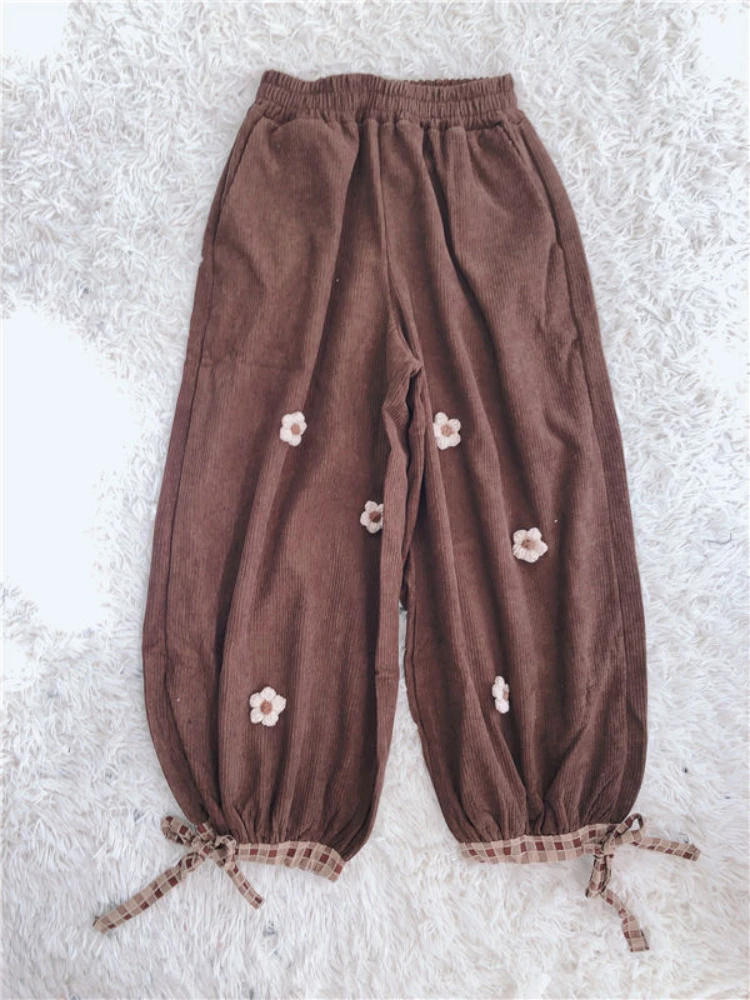 Japanese Sweet Flower Corduroy Wide Leg Casual Pants Women Vintage Cute Loose Trousers Girls Harajuku Sweatpants Kawaii Bloomers