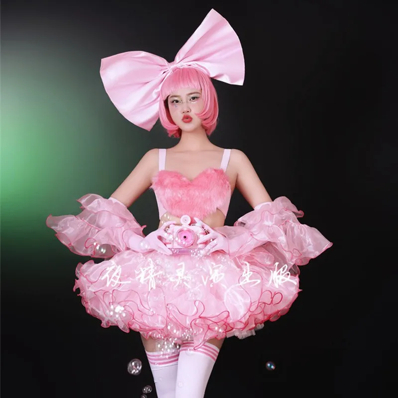 Nightclub Bar Female Gogo Dance Team Lovely Performance Costume Carnival Party Festival Clothes Sexy Pink Sweet Fluffy Skirt Set