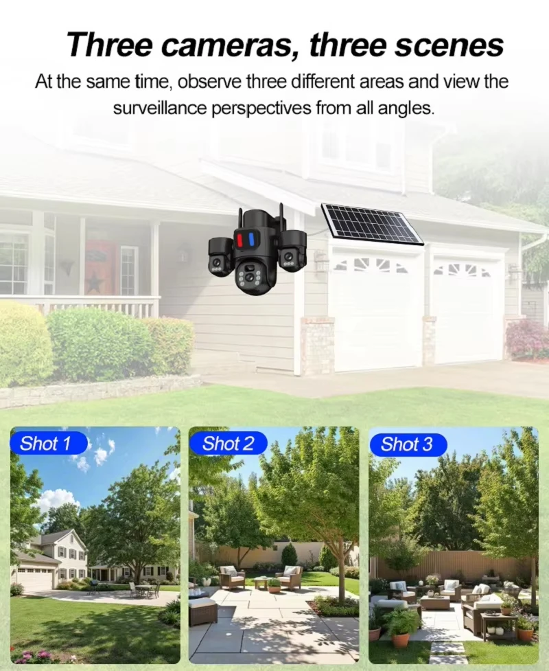 WIFI Solar PTZ Camera Outdoor 15MP Three Lens Three Screen Security Surveillance Camera 360 PIR Detection Solar CCTV EseeCloud