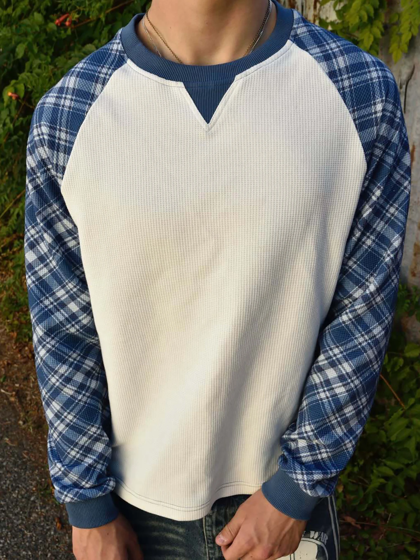 Autumn New Plaid Patchwork Waffle Top with Raglan Sleeves and Round Neck Loose Retro Unisex T-Shirt image 2