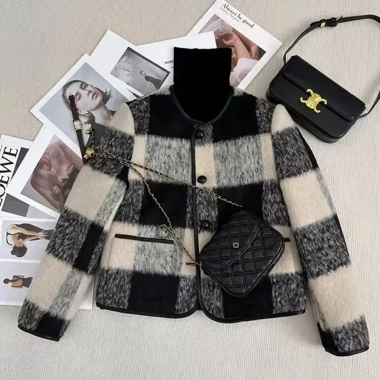 Zimní krátký kabát s hrubým vzorem, dámská módní vlněná bunda s kulatým výstřihem, plným rukávem a vnitřní výplní, podzimní a zimní, nový styl - náhled 2