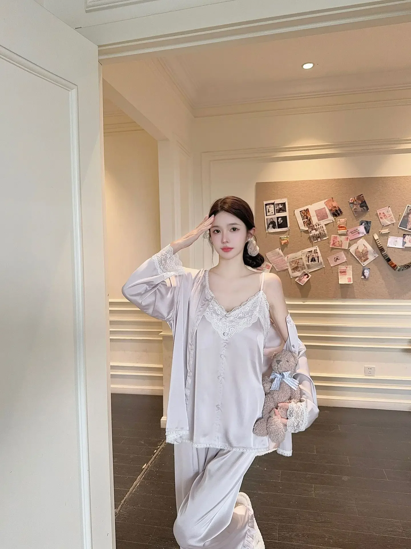 

New Ladies Pajamas Set 3PCS Cardigan+Camisole+Pants Suit Chinese Style Women Luxury Silky Satin Sleepwear Loose Home Clothes