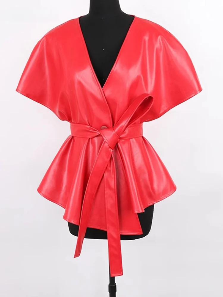 

Nerazzurri Red PU Leather ort Jaet Deep V-ne Women's Coat Asymmetric Design Commute Sle Faionable Trendy