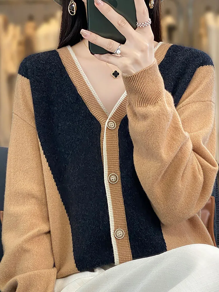 

Color Blocked Long Sleeved Trendy Women's Green Sweater Clothing Sweet Girl Knitted Cardigan Jacket 2025 Autumn Winter New Tops