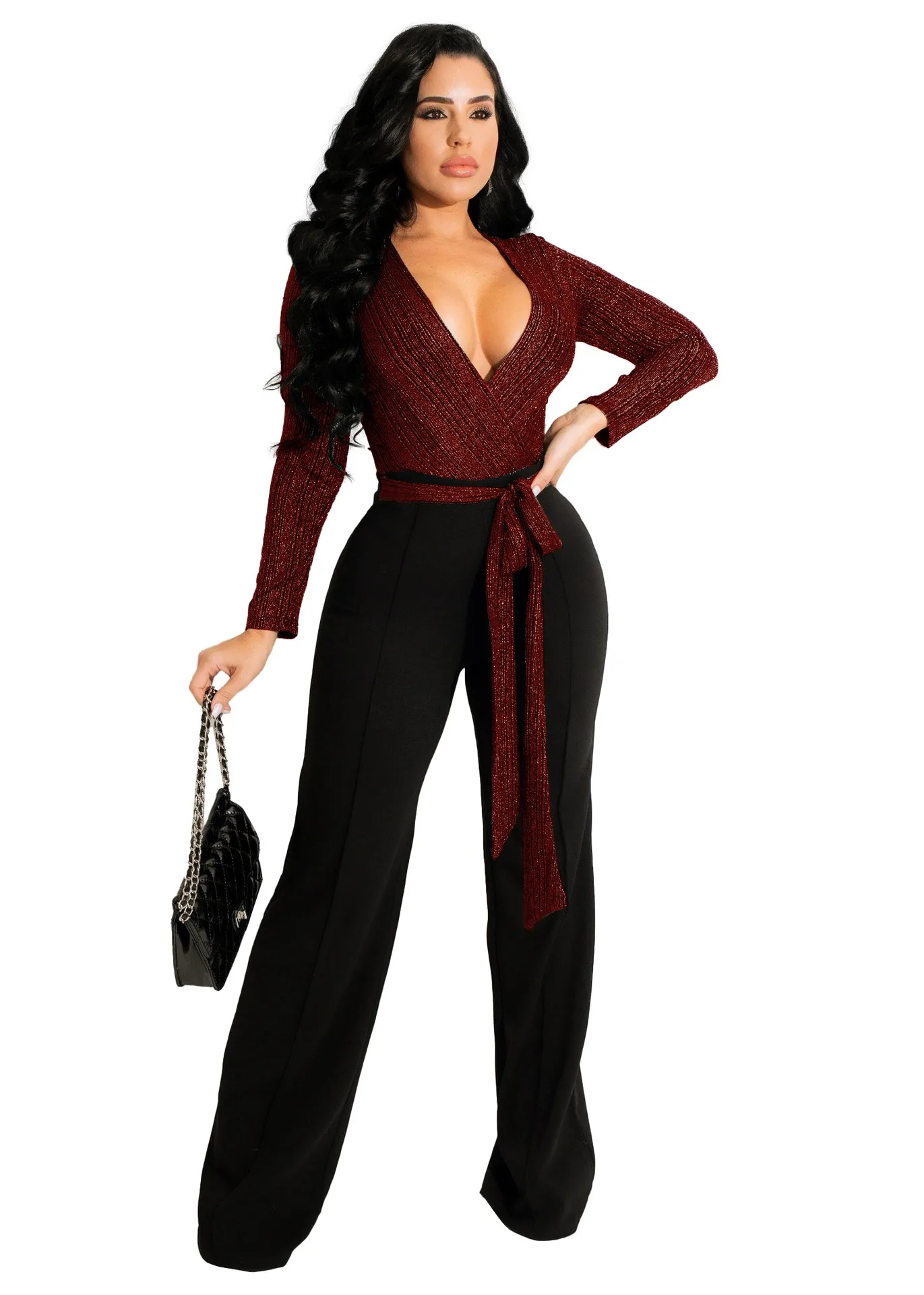 Deep V Sexy Spliced Wide Leg Jumpsuit