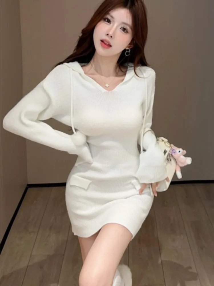 Autumn Women's Knitted Dresses for Women Hoodies V-neck Long Sleeve Bodycon Short Dress Casual Korean Chic Vestidos Mujer New