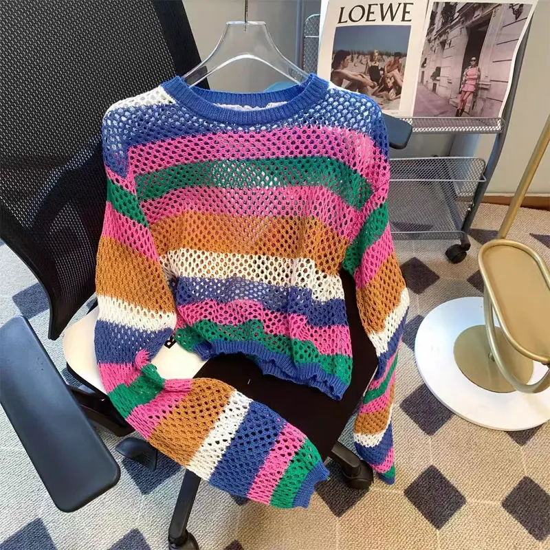 Women\'s Clothing Rainbow Striped Pullovers Casual Round Neck 2023 Spring Summer Korean Loose Fashion Hollow Out Knitted T-shirt