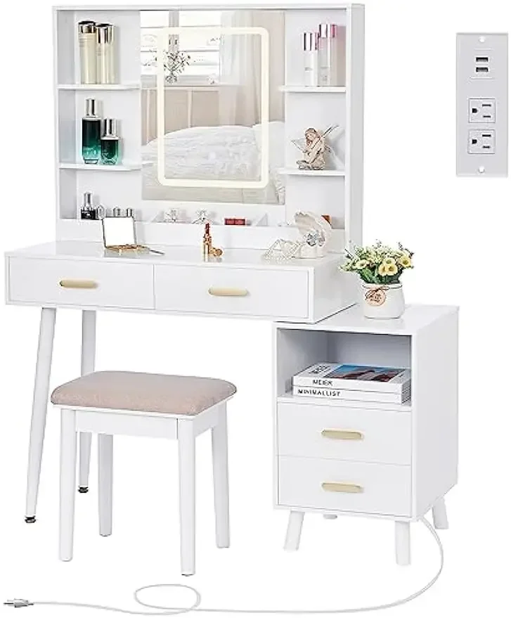 مكتب فانيتي، فانيتي بيضاء مع قاعدة شحن ومنضدة، مكتب مكياج مع أضواء مع 3 ألوان #3