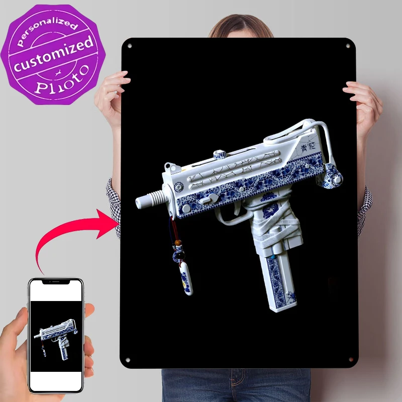 Porcelain-Inspired Submachine Gun Metal Poster Customized Wall Art Retro Vintage Metal Signs for Man Cave Home Decorations Decor