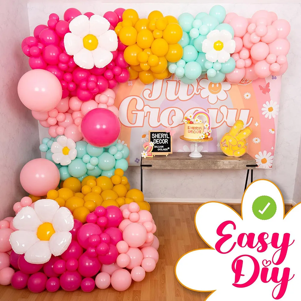 All-In-One Daisy Balloon Garland Kit and Arched Comes with Daisy – Small and Large Light Pink Green Yellow Two Fashionable Balloons – Daisy Party Decoration for Birthday or Baby Shower – Hippie Retro Flowers