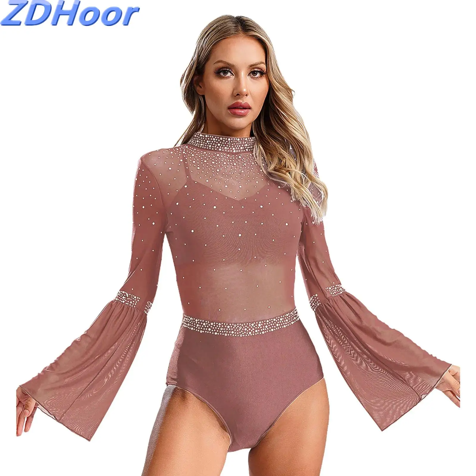 

Womens Ballet Dance Leotard Mock Neck Flare Sleeve Backless Sparkly Rhinestone Bodysuit Dancewear for Figure Skating Gymnastics