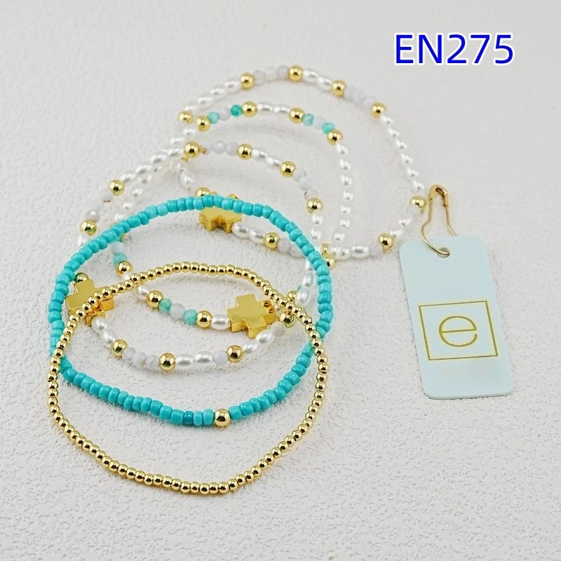 

VKVVA Fashion Jewelry Cross Charm Blue Beads&Pearl Stack of 5 Bracelets, Birthday Gifts for Women Daily Layering