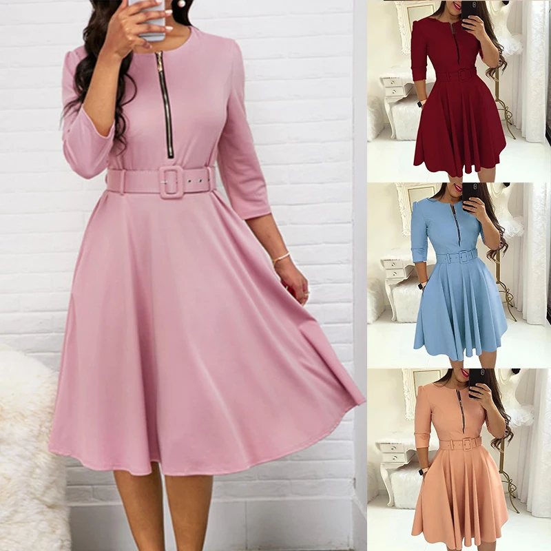 Elegant Women Solid Half Sleeve Party Dress Autumn Casual Zipper Knee-length Midi Dresses Ladies Big Swing Club Dress Vestidos