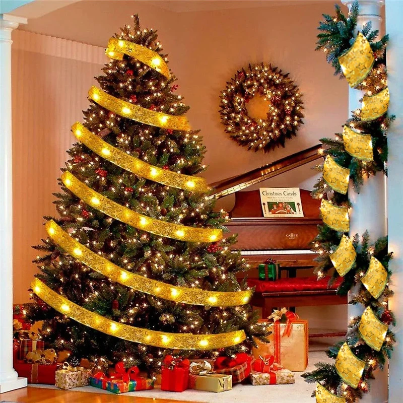 Shiny Wave Design Ribbon LED String Lights Christmas Tree DIY Bowknot Lights AA Battery Powered Decor Christmas New Year Wedding