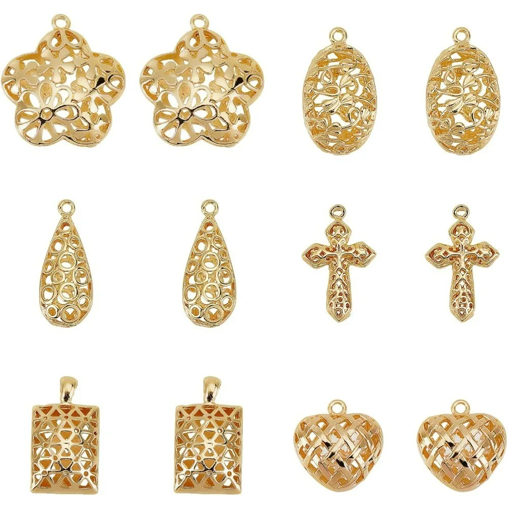 

Cage Pendants 12pcs 6 Styles Teardrop/Rectangle/Heart/Cross/Oval/Flower Shape Hollow Brass Pendant Dangle Pendant Charm