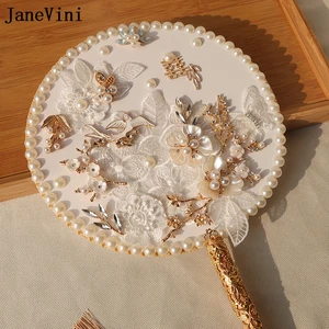 Роскошный жемчуг jaevini, свадебный веер в китайском стиле, свадебный букет ручной работы, белые кружевные цветы, золотой цветочный Классический веер для невесты