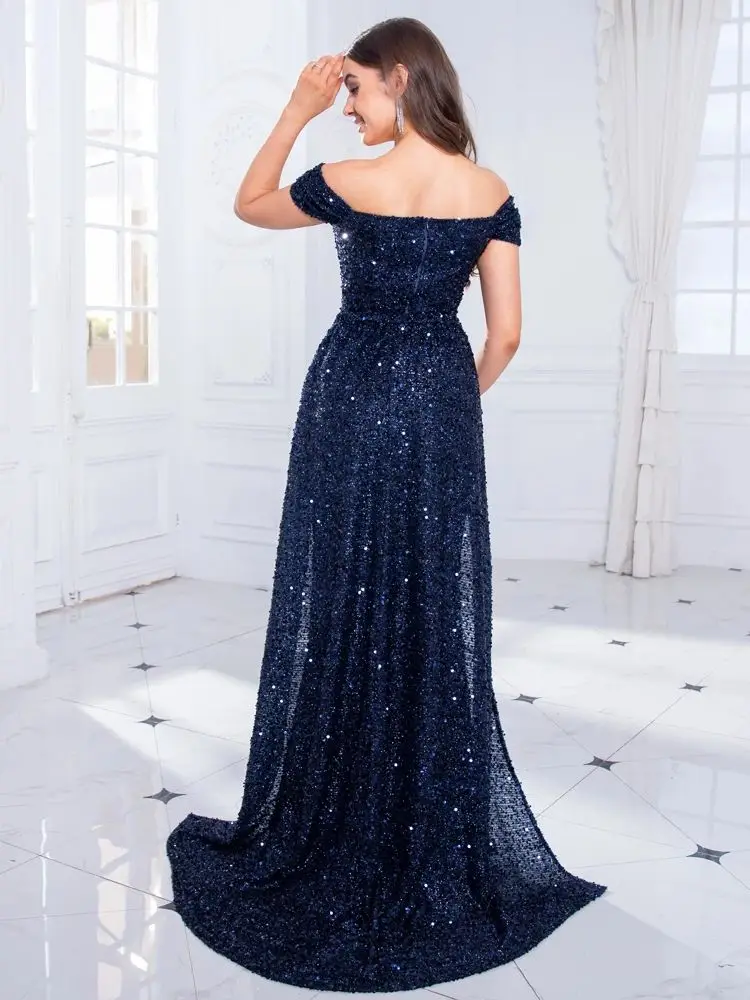 Romagic Navy Blue Slash Neck Off the Shoulder Prom Gown Dress Sequin Detachable Train Mermaid Evening Party Dresses Cocktail