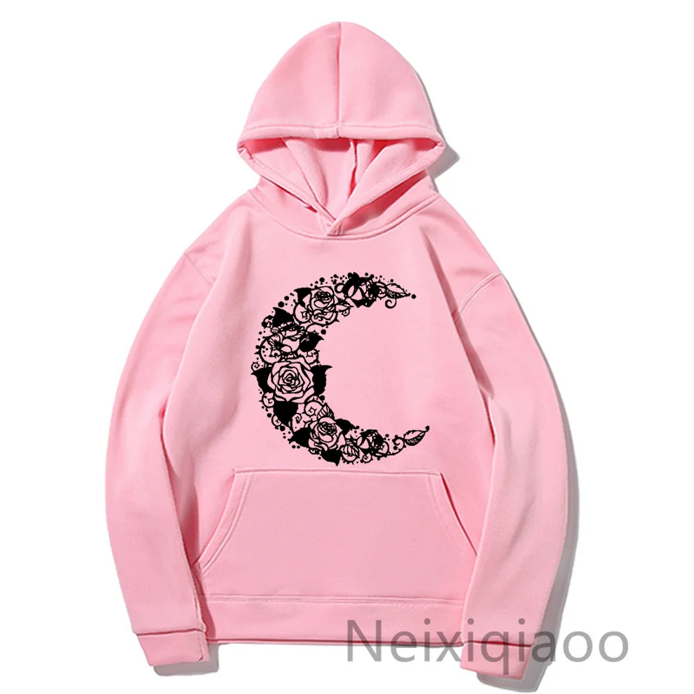 Plus Size Rose Moon Print Women Men Clothing Autumn Winter New 2023 Oversize Sweatshirt Fashion Cartoon Female Streetwear Tops