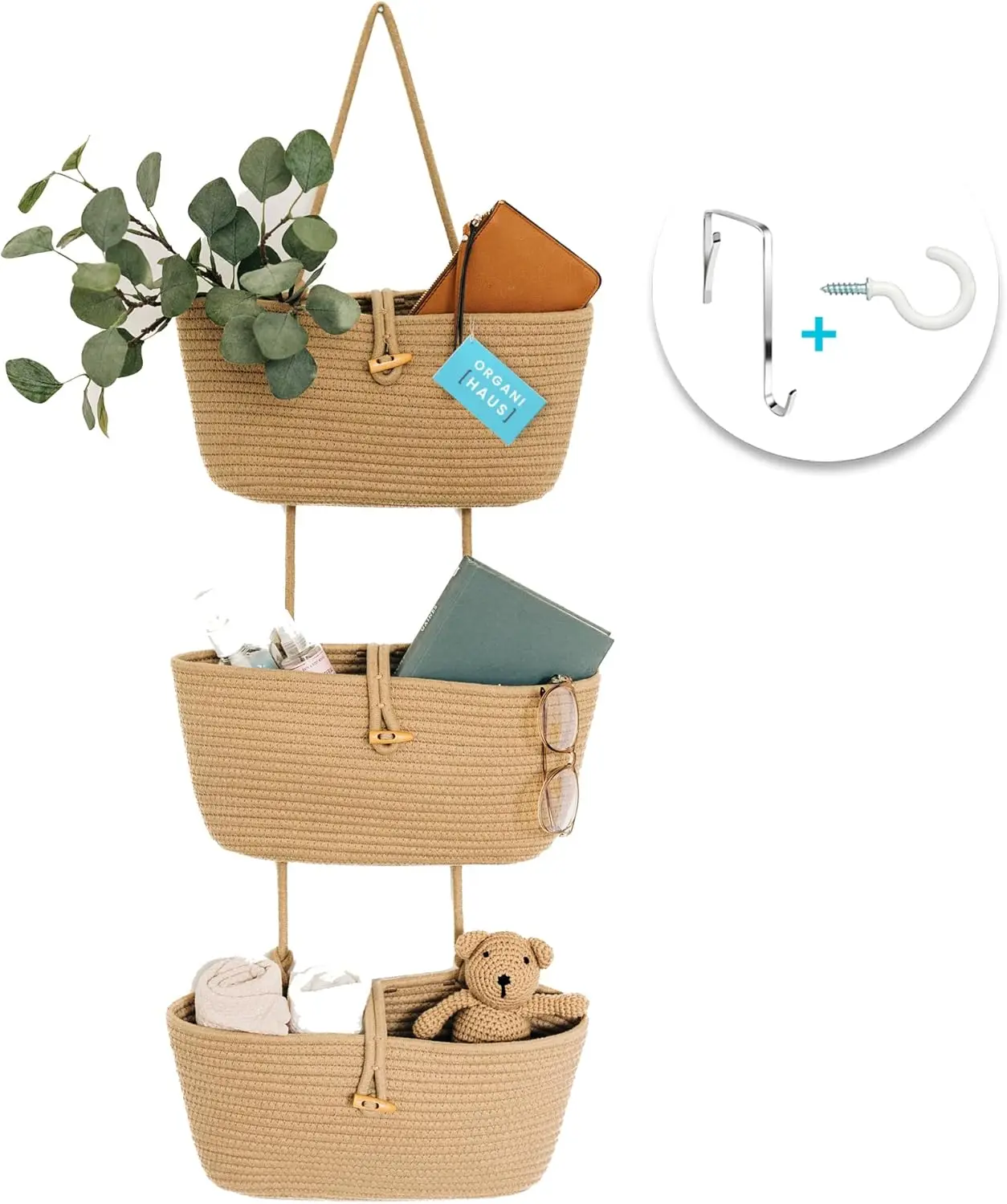 

Over the Door Hanging Basket for Organizing, 3-Tier Wall Basket for Storage, Boho Nursery Decor, Behind Door Wall Organizer for
