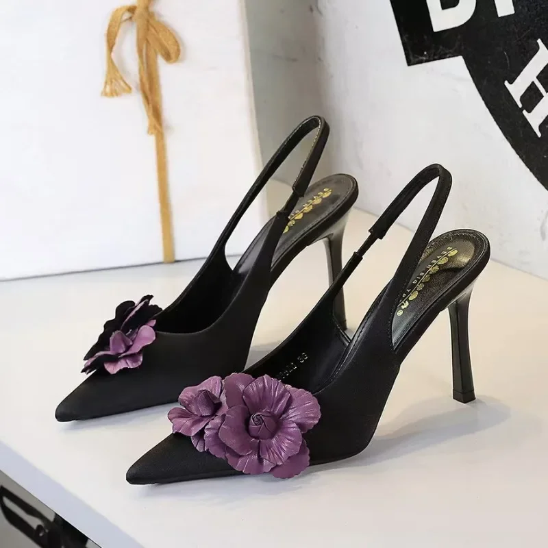 

9cm Womens Single Shoes with Pointed Toe Thin Heel Flower 2025 New Summer Outdoor Silks and Satins High Heels Shoes