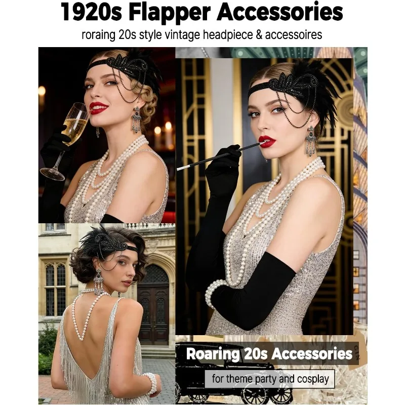 1920s Flapper Roraing Costume Accessories Set–Feather Headband,Earrings,Pearl Necklace Bracelet,Long Gloves For Roaring Party