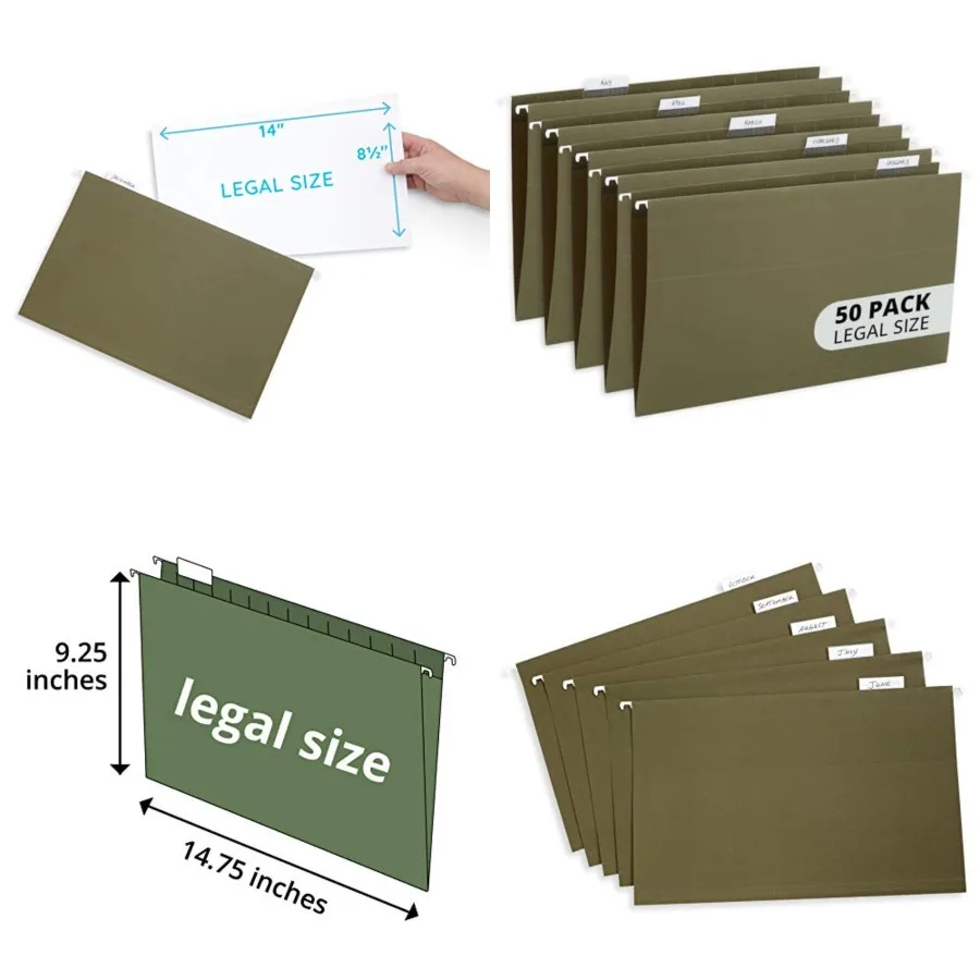 

50 Legal Size Hanging File Folders, 1/5 Cut Adjustable Tabs, 5 Tab Locations, Designed for Legal and Law Office File Organizati