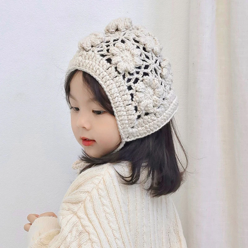 Children Knitted Hat French Hook Flower Lace-up Ear Protection Hat Autumn Winter Girl Photo Props Solid Woolen Headgear 2-6year