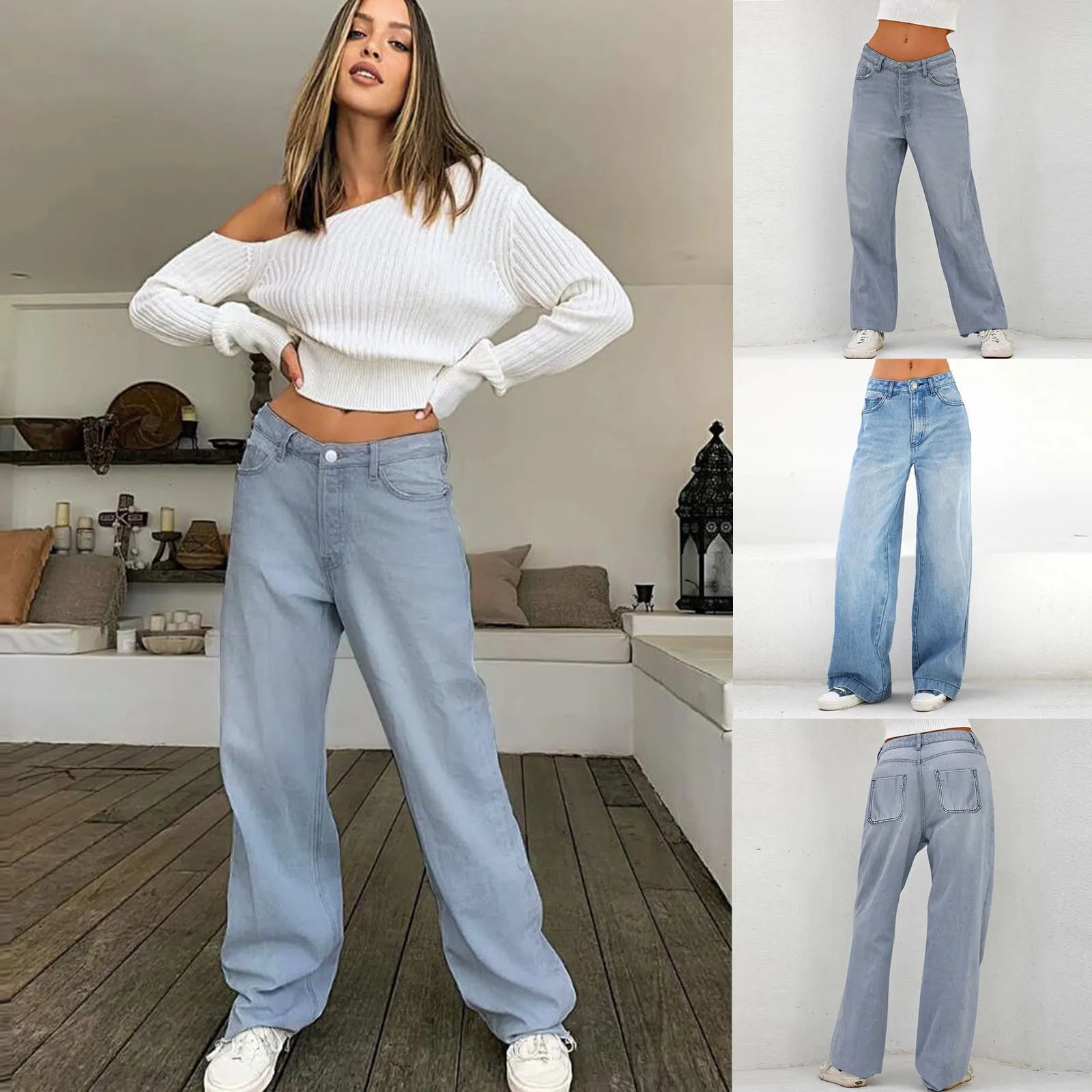 Fashion Wide Leg Mopping Denim Pants For Female Solid Color Simplicity Loose Straight Leg Trousers Women's Causal Jeans