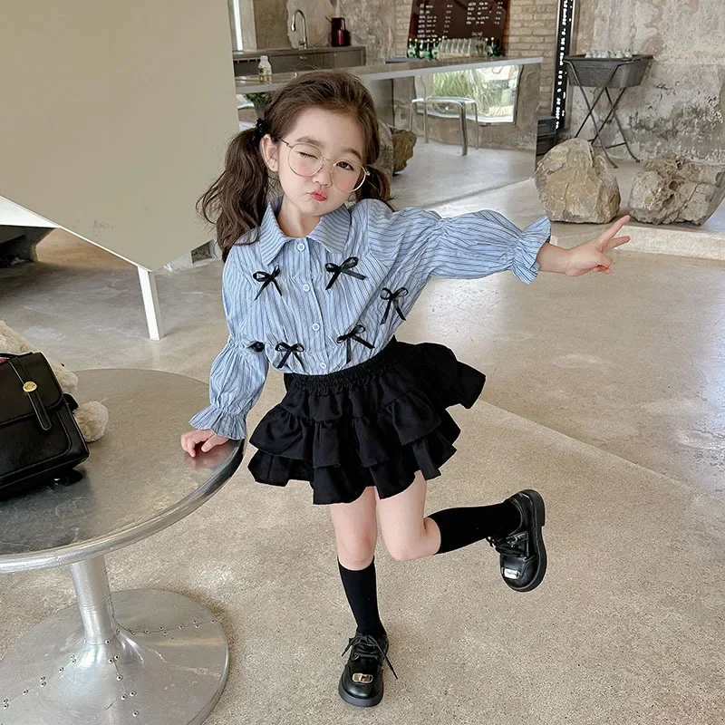 

Girls Autumn Dress Set Children Korean Version Children Dress Western Style Striped Shirt Girl Baby Cake Skirt Two-piece Set