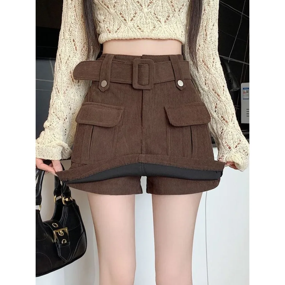 Invisible Open Crotch Outdoor Sex Pants Vintage Corduroy Workwear Skirt Women\'s Shorts High Waist A- Line Sheath Skort Pantskirt