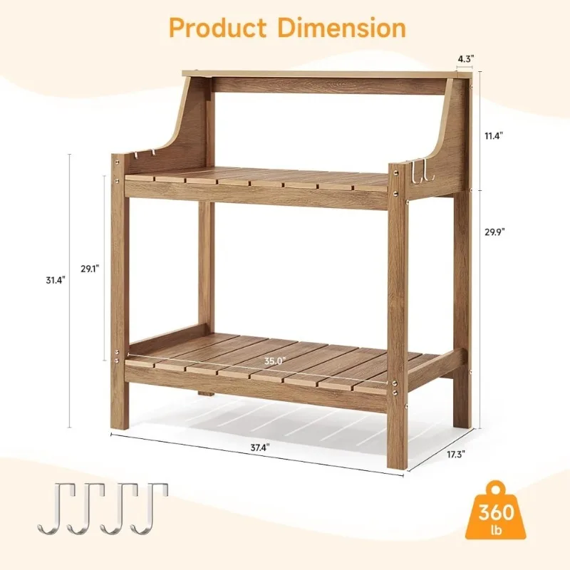 Outdoor All Weather Potting Bench Garden Table Work Station with 4 Side Hooks Large Teak Durable 360lbs Capacity