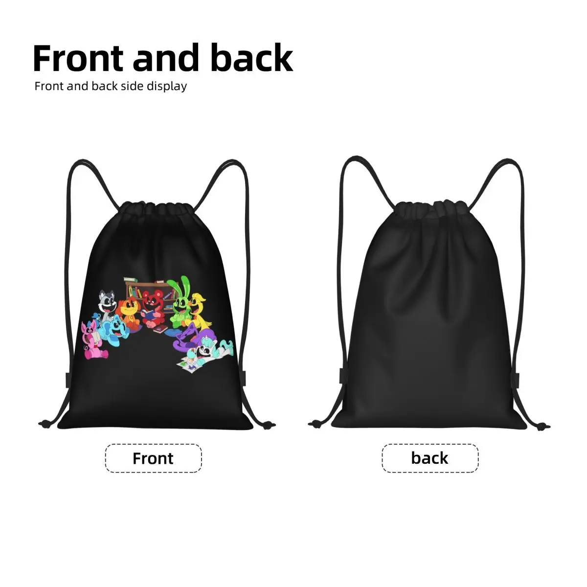 Custom Colorful Smiling Big Mouth Critters Group Drawstring Backpack Gym Sport Sackpack Foldable Scarry Animated Game Bag Sack