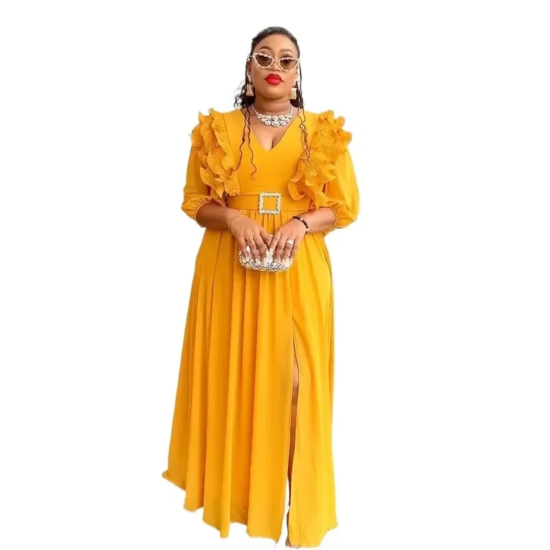 

2025 African Party Evening Wedding Dresses for Women Summer V-neck Polyester 3/4 Sleeve Long Maxi Dress Gowns Africa Clothing