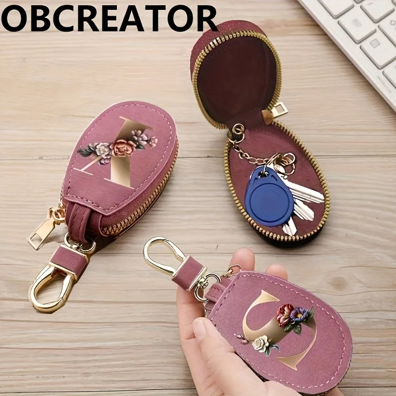 Matte rosafarbene, unisex 26-Buchstaben-Münzbörse, Autoschlüssel-Geschenkset, PU-Leder-Autoschlüsseltasche