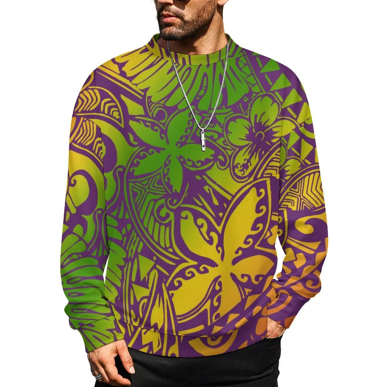 Samoa Fiji Islands Custom Wholesale Polynesian Traditional Flower Print Design Men'S Autumn And Winter Warm Sweater New