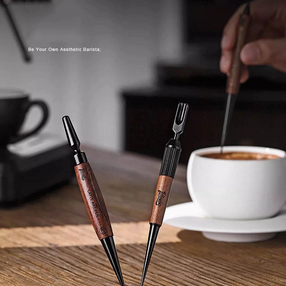 Coffee Latte Art Pen, Stainless Steel Dual-Ended Coffee Drawing Pen with Wood Handle Latte Art Tools Espresso Designs Barista Ac