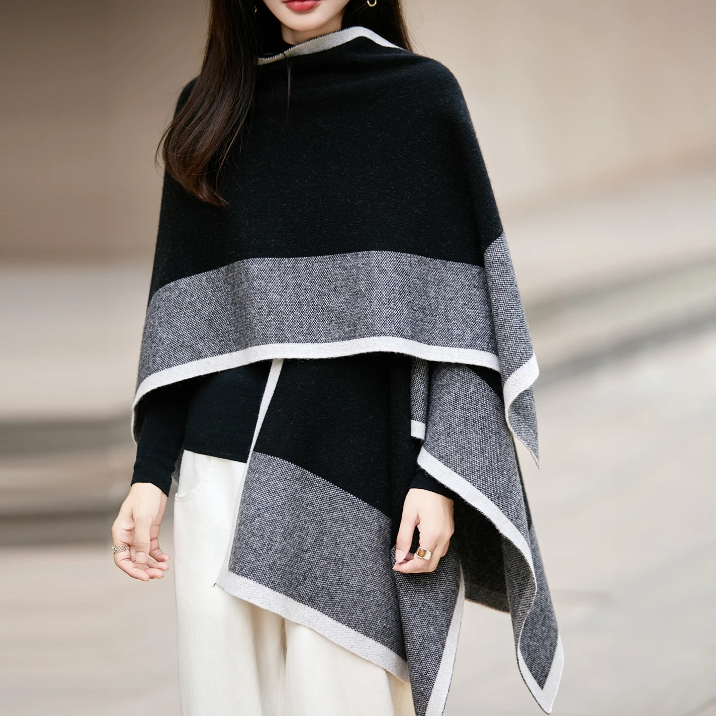 100% pure wool knitted shawl for women's autumn and winter lazy style cloak jacket, color blocked sweater cover up