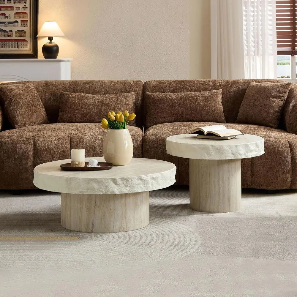 

Round Nesting Coffee Table Set with Textured Surface, 2-Piece Living Room Tables (Beige, 31.69+23.82)