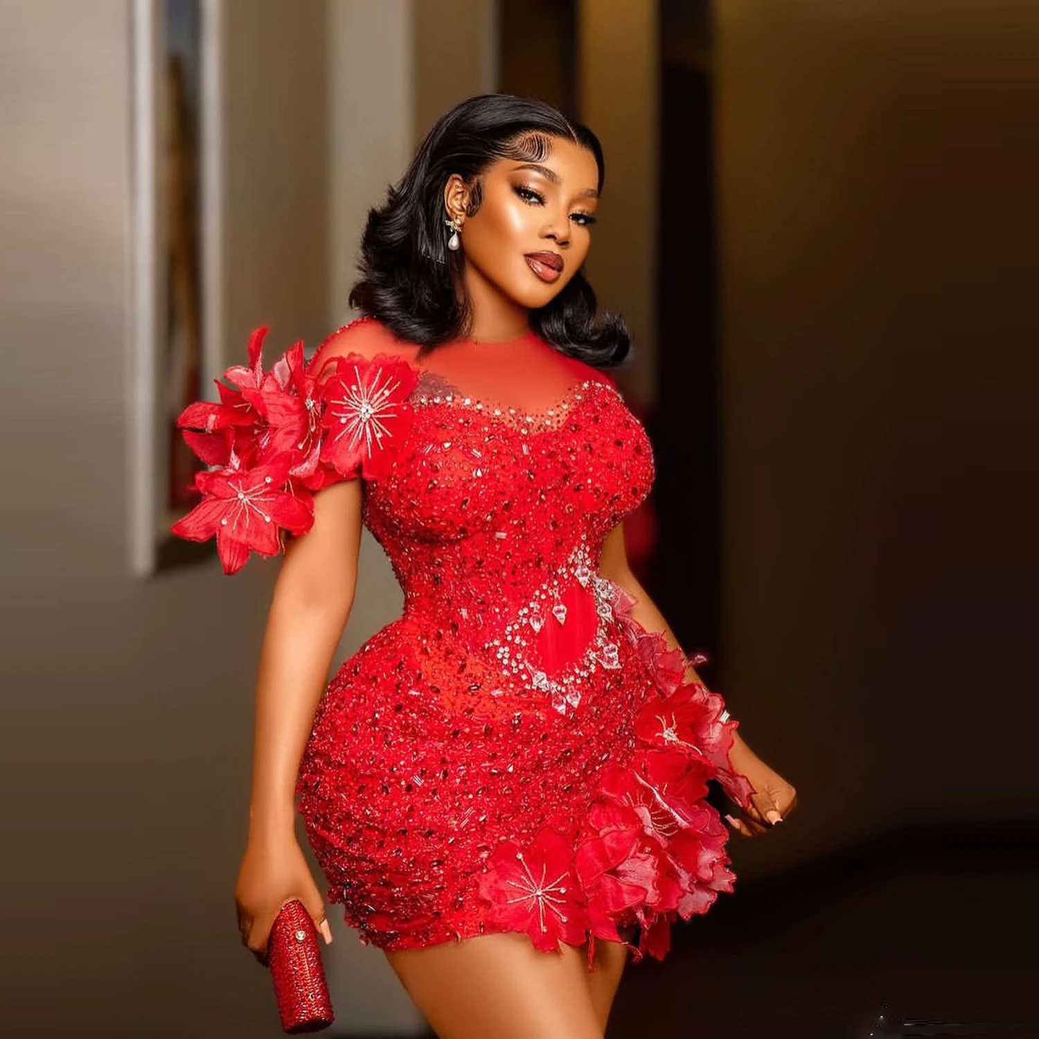 Red Luxury Cocktail Party Dress Mini Aso Ebi Prom Dress Aso Ebi Evening Gowns O Neck Short Seeves Handmade Flowers Beads 2024