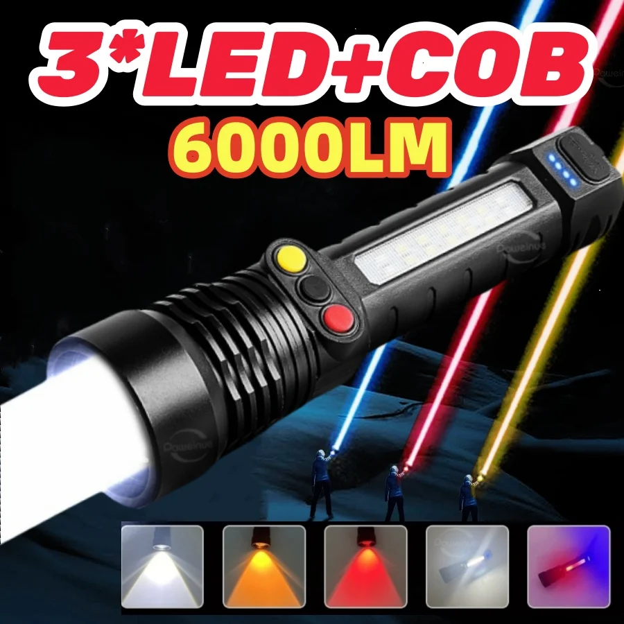 6000LM Strong Light 3LED+COB Flashlight USB Rechargeable Three-Color Tactical Flashlamp Outdoor Camping Fishing COB Signal Light
