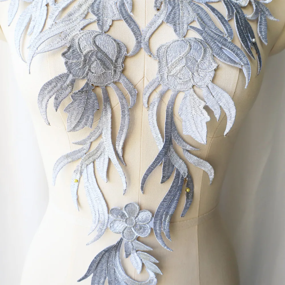 Large Embroidery Baroque Silver Flower Applique Fabric Collar Sew Iron Patch Wedding Bridal Gown Dress DIY Clothes Decor Crafts