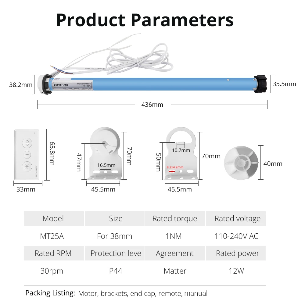 Zemismart Matter over Thread Smart Roller Blinds Motor for 38mm Tube Support Homekit Smartthings Google Home App Remote Control