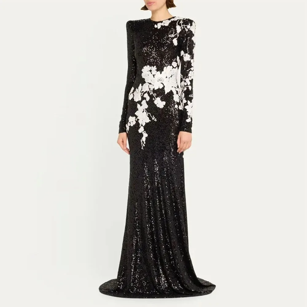 

Modern Black Women's Evening Gown Mermaid Floor Length Formal Party Dress O Neck Appliques Saudi Dress Lonf SleevesProm Dress