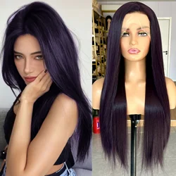 Long Silky Straight Purple Wigs for Women Synthetic Hair Free Part Dark Purple Colored 13X4 Lace Front Wigs for Daily Party Use