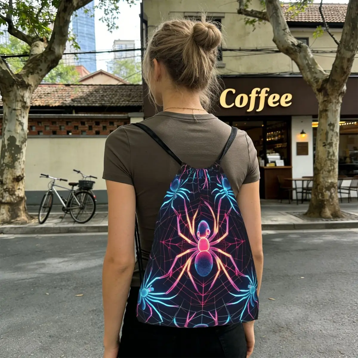 

Vibrant Colorful Spider And Web Pattern Backpacks Casual Drawstring Bundle Pocket Shoes Bag Book Bags for Man Woman Students