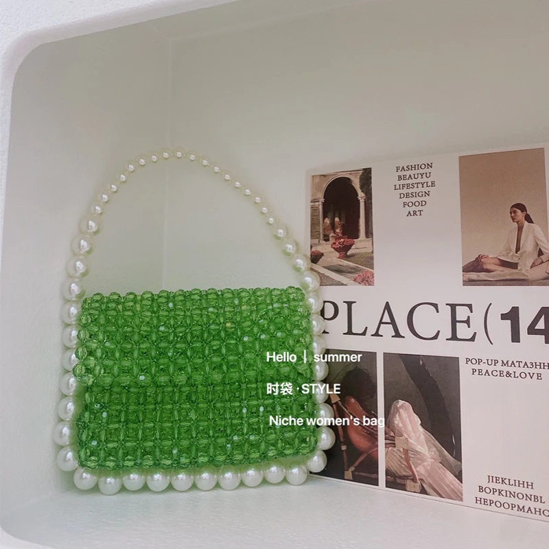 

New Fashion INS Handmade Crystal Women's Bag Acrylic Green Beaded Pearl Splice Design Flip Handbags for Women Customization