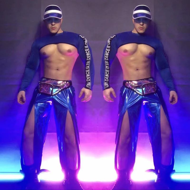 

Sexy Gogo Dancer Costume For Male Nightclub Bar Muscle Man Jazz Dancing Outfit Pole Dance Clothes Crop Tops Laser Pants yj008